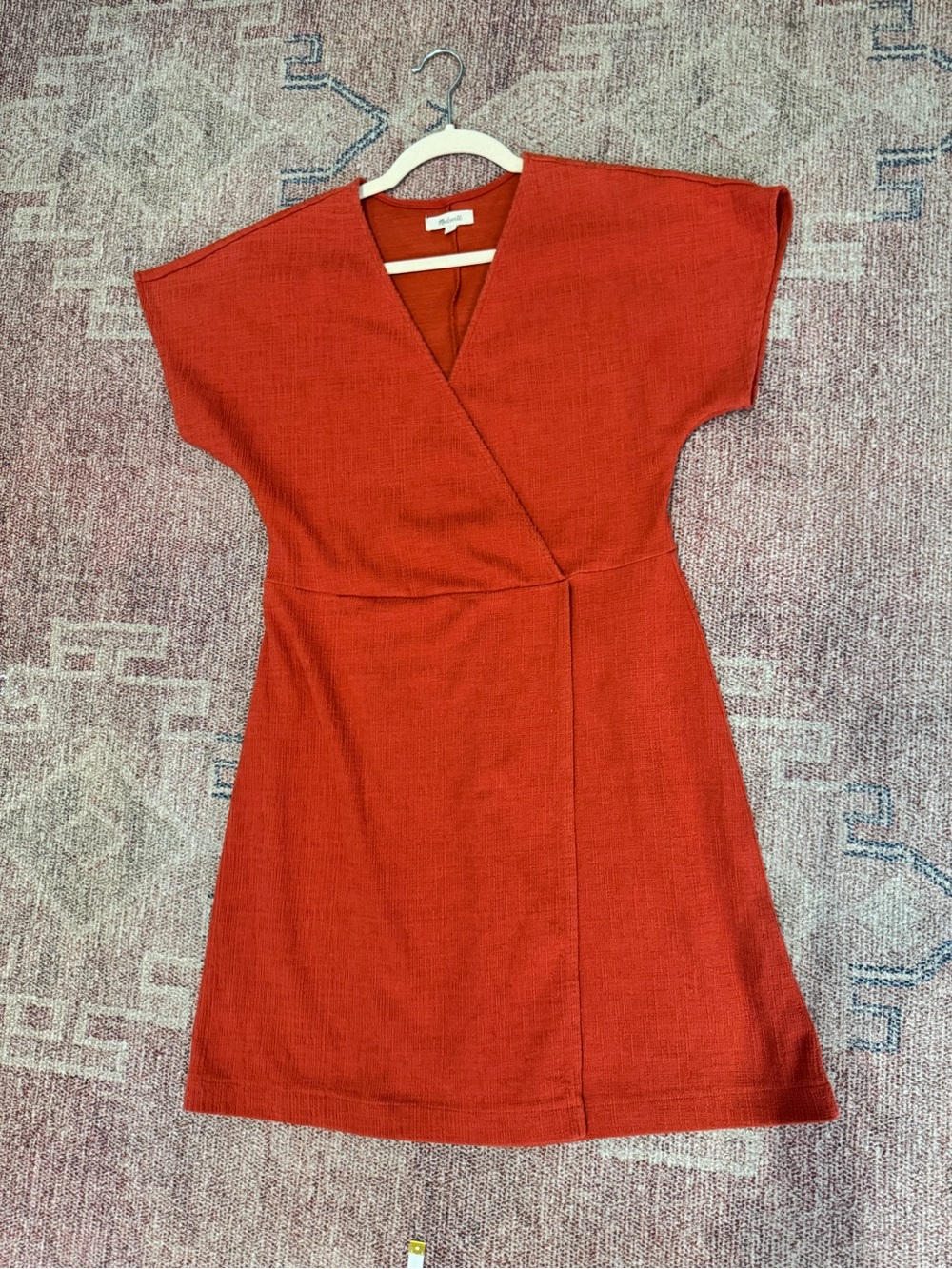 Madewell faux wrap textured rust colored v neck mini a line dress med